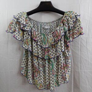 Zara Womens Babydoll Top Small Paisley Ruffled Romantic Off Shoulder Coquette